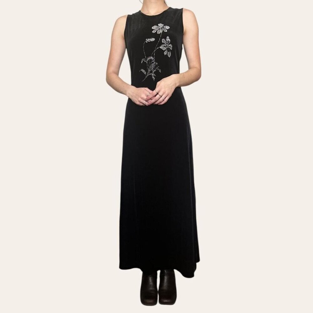 Ronni Nicole Ouida 80s/90s vintage black velvet glitter floral maxi dress small - Picture 2 of 6